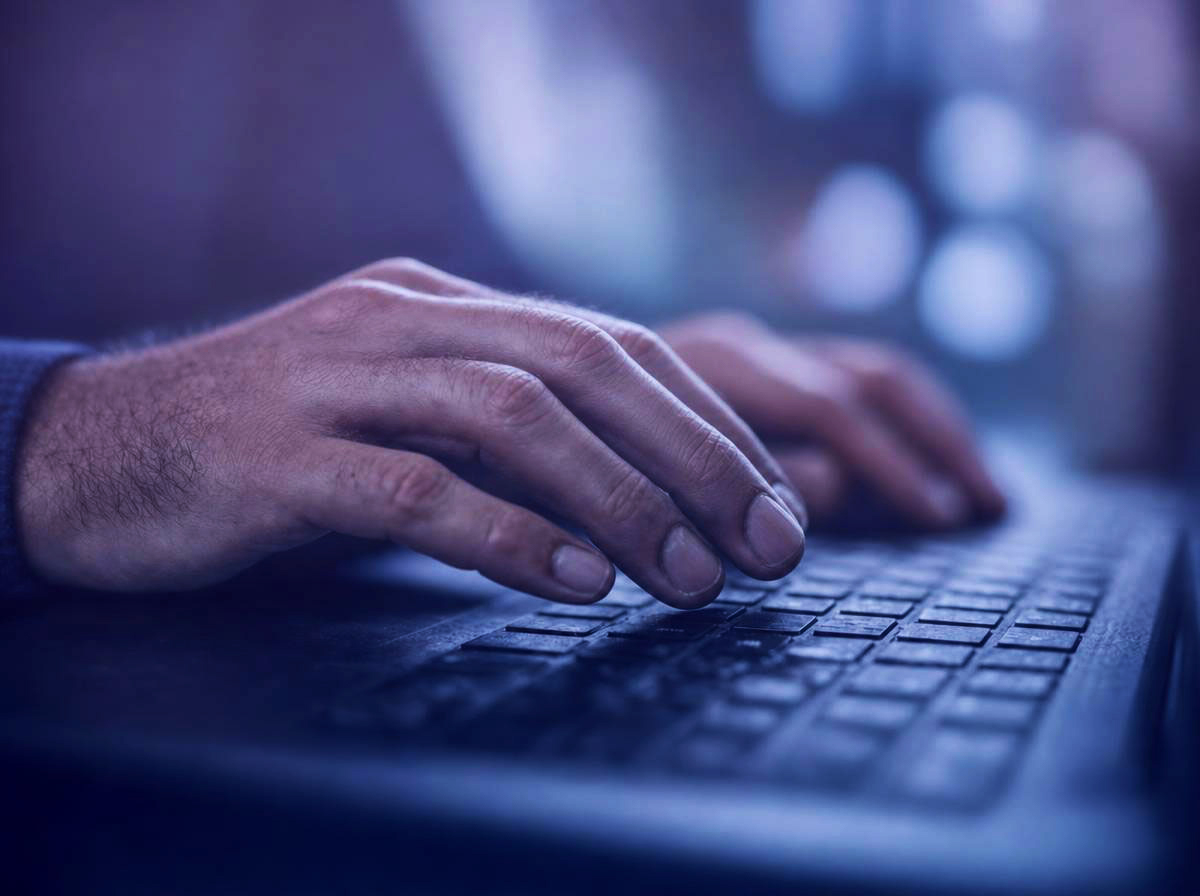 Hände tippen auf einem Laptop im coolen Blau-Ton